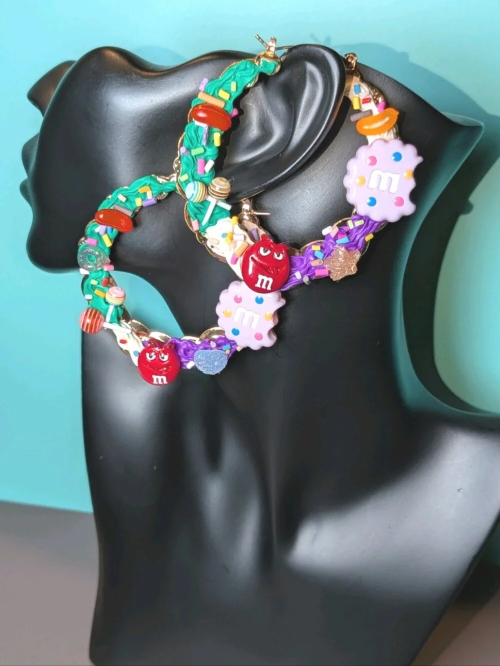 Hand Crafted Decoden Multicolor Candy Hoop Earrings -Green & Purple & Red & Pink
